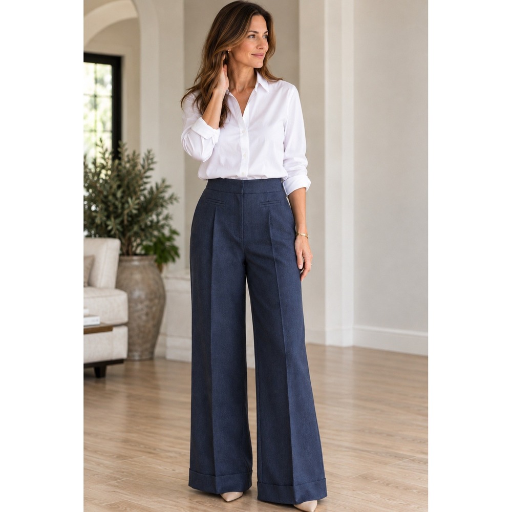 Diane von Furstenberg DVF Navy Blue Wool Blend Wide Leg Cuff Trousers Pants 6-8